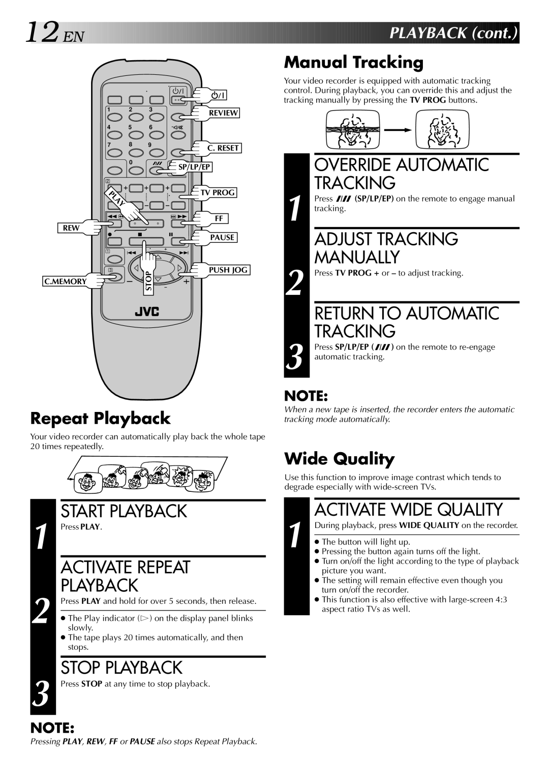 JVC HR-J747MS Adjust Tracking Manually, Return to Automatic Tracking, Activate Repeat Playback, Activate Wide Quality 