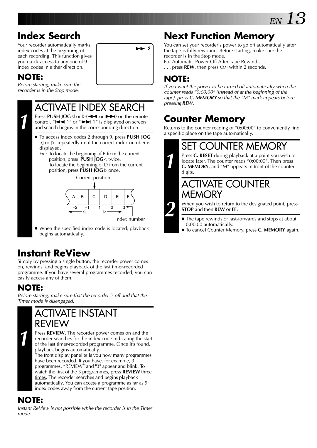 JVC HR-J647MS, HR-J747MS specifications Activate Index Search, SET Counter Memory, Activate Counter, Activate Instant Review 