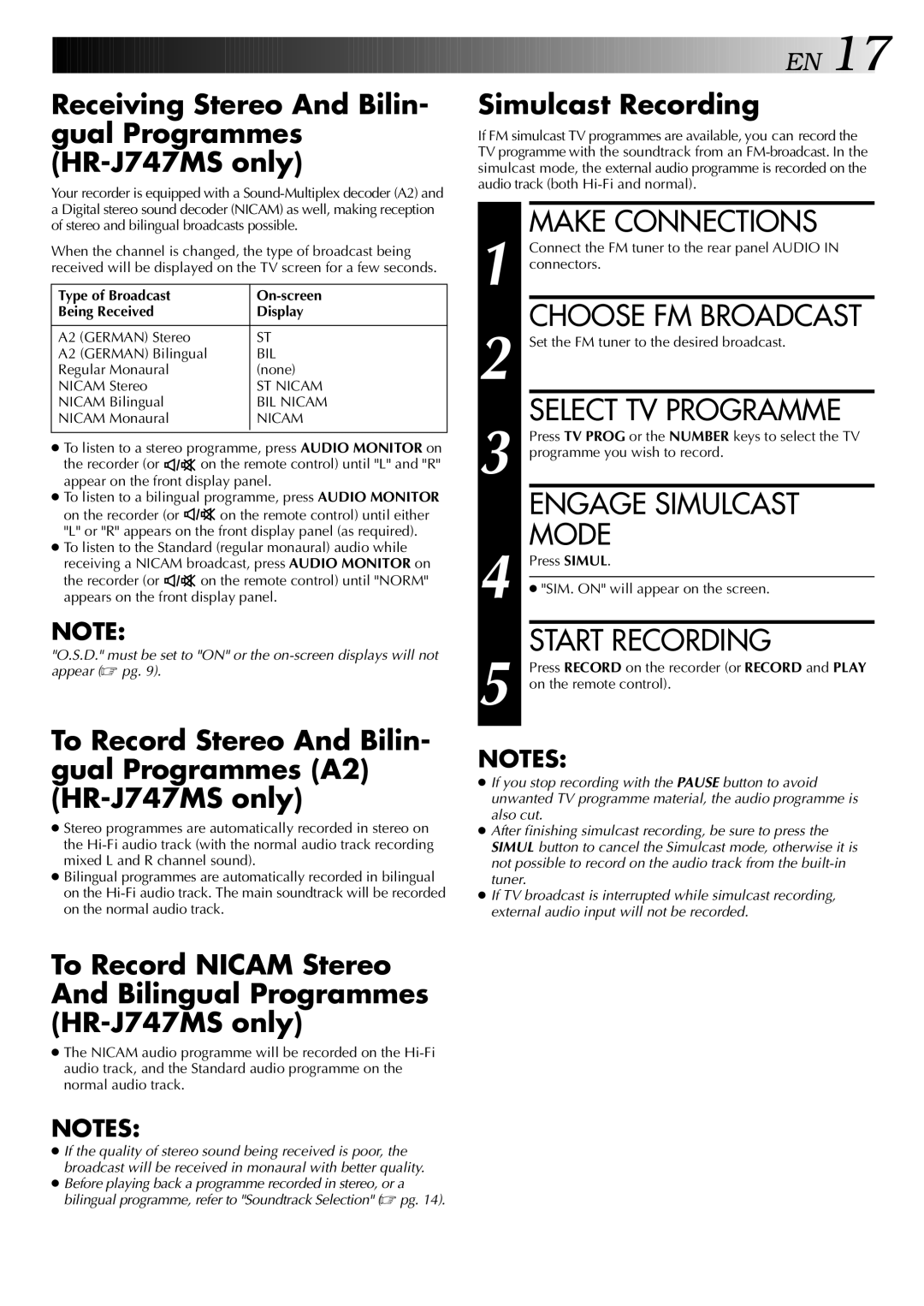 JVC HR-J647MS, HR-J747MS specifications Make Connections, Choose FM Broadcast, Select TV Programme, Engage Simulcast Mode 