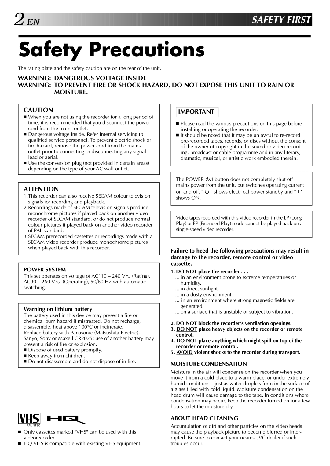 JVC HR-J747MS, HR-J647MS specifications Safety Precautions, Do not place the recorder 