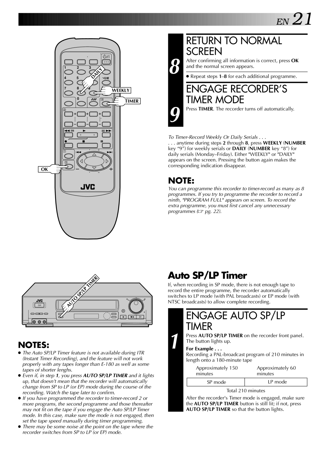 JVC HR-J647MS, HR-J747MS specifications Engage RECORDER’S Timer Mode, Engage Auto SP/LP, Auto SP/LP Timer, For Example 