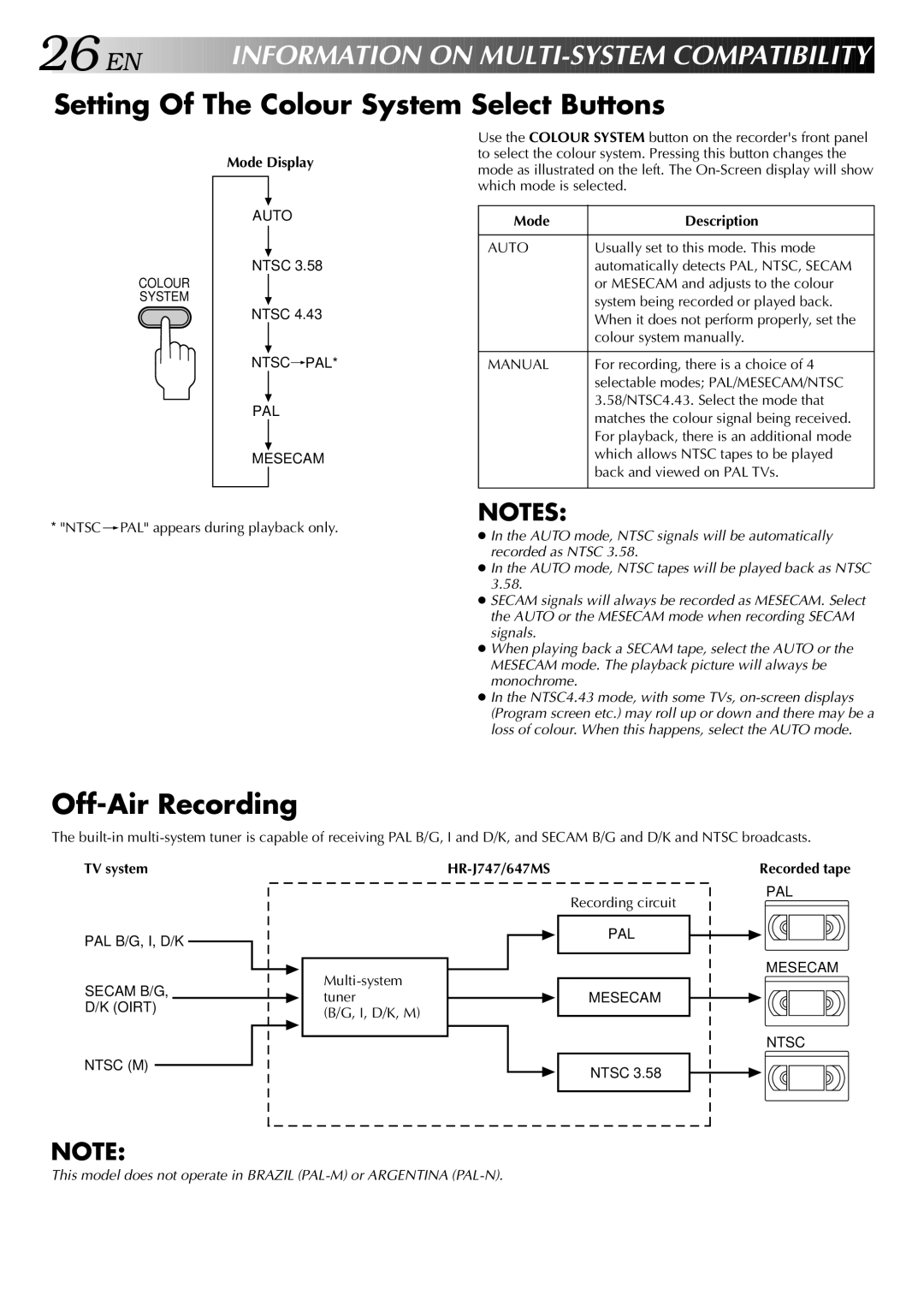 JVC HR-J747MS, HR-J647MS Setting Of The Colour System Select Buttons, Off-Air Recording, Mode Display, Mode Description 