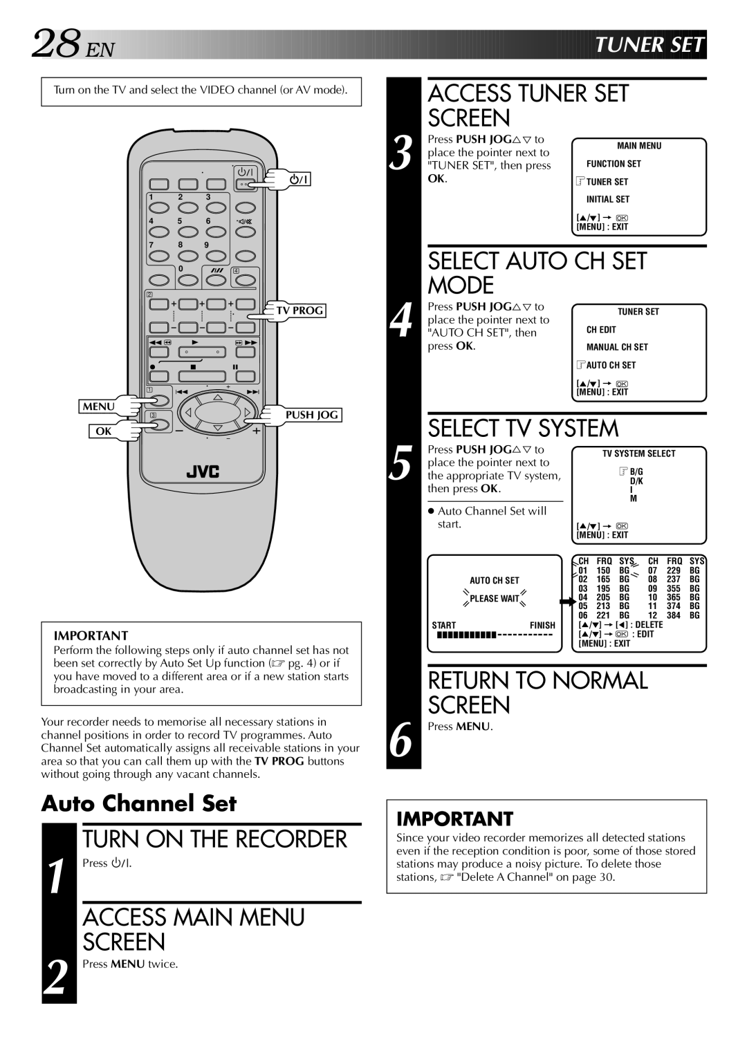 JVC HR-J747MS, HR-J647MS specifications Access Tuner SET Screen, Select Auto CH SET Mode, Select TV System 