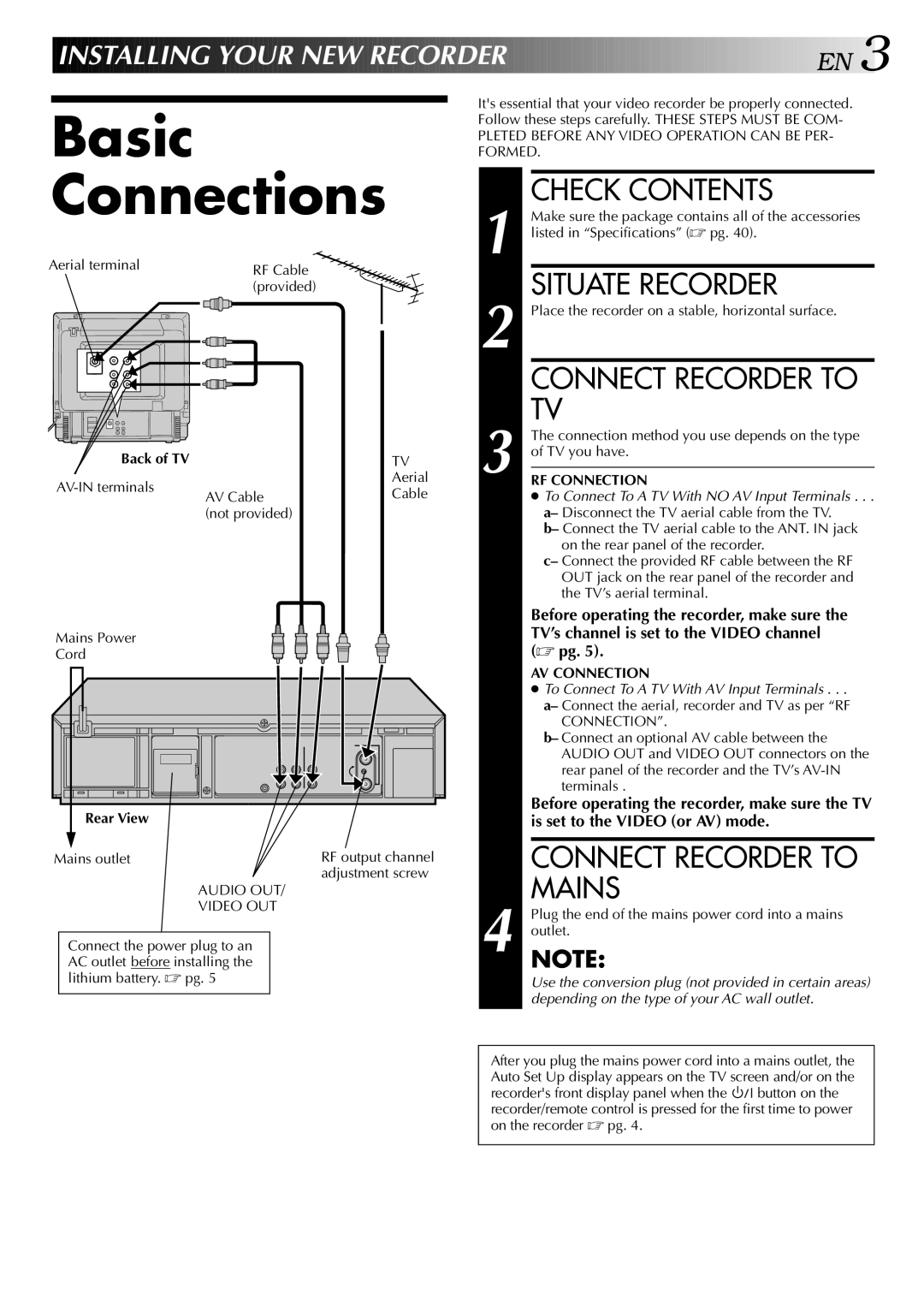 JVC HR-J647MS, HR-J747MS Basic Connections, Check Contents, Situate Recorder, Mains, Installing Your NEW Record ER EN 