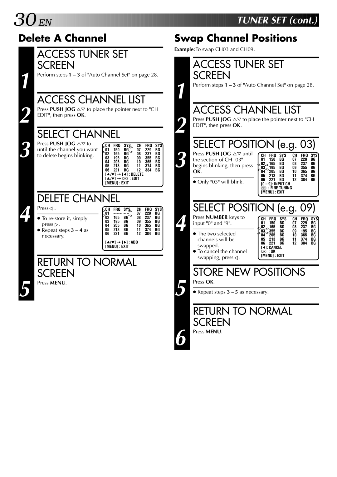 JVC HR-J747MS, HR-J647MS specifications EN Tuner SET, Delete a Channel, Swap Channel Positions 