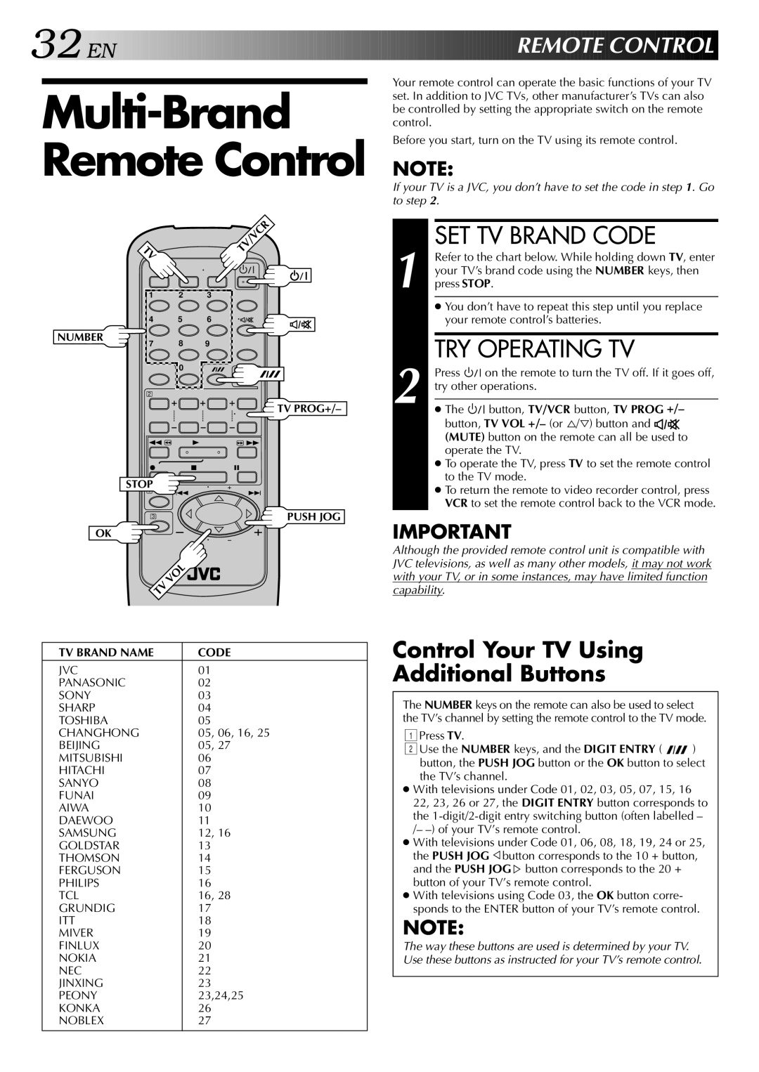 JVC HR-J747MS, HR-J647MS SET TV Brand Code, TRY Operating TV, EN Remote CON Trol, Control Your TV Using Additional Buttons 