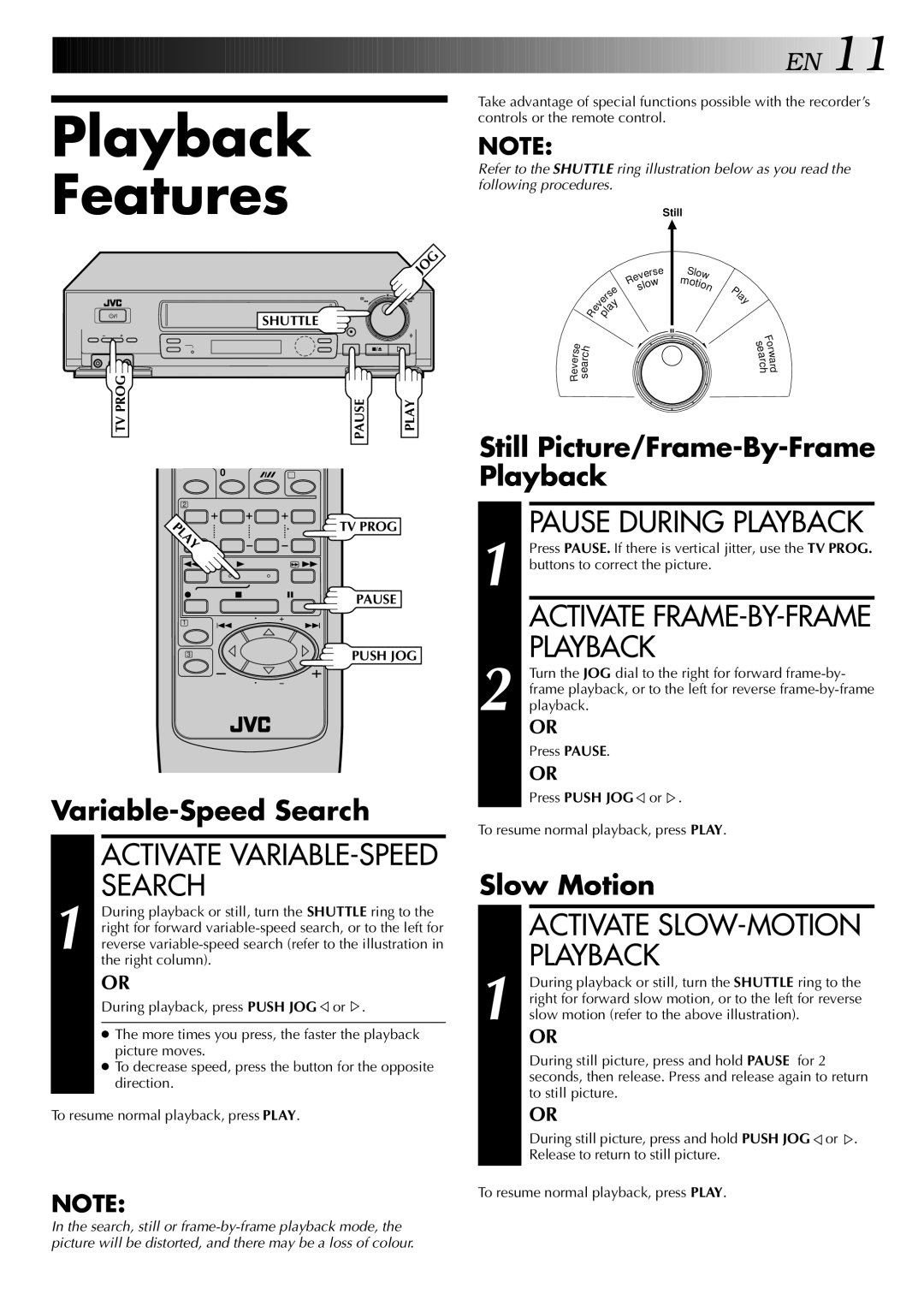 JVC HR-J748EE Playback Features, Pause During Playback, Variable-Speed Search, Still Picture/Frame-By-Frame Playback 