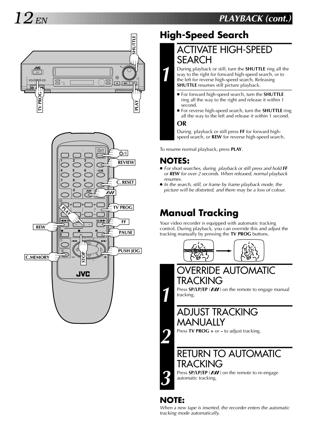 JVC HR-J749EE Activate HIGH-SPEED, Search, Override Automatic Tracking, Adjust Tracking, Manually, Return to Automatic 