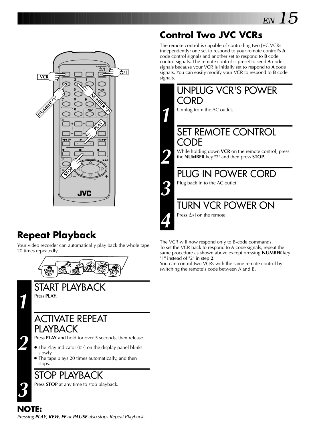 JVC HR-J748EE, HR-J749EE Unplug Vcrs Power, SET Remote Control, Code, Plug in Power Cord, Turn VCR Power on 