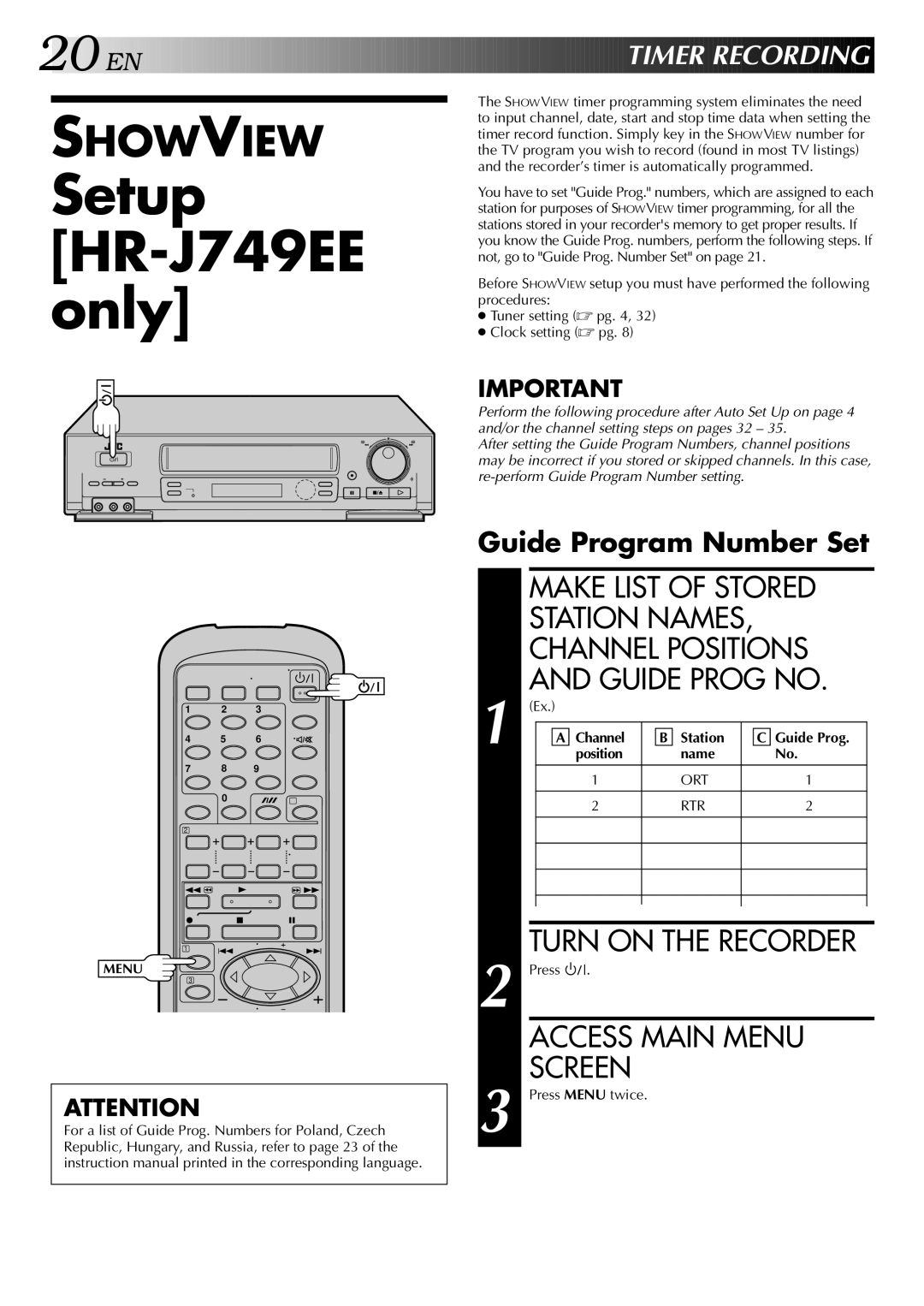 JVC Setup HR-J749EE only, EN Timer Recording, Guide Program Number Set, Channel Station Guide Prog Position Name 