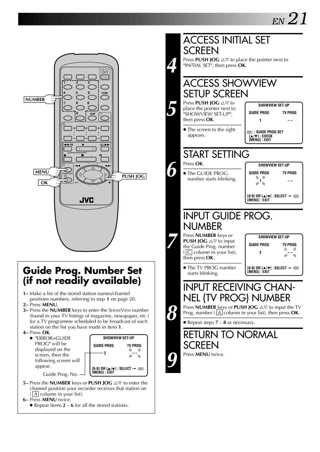 JVC HR-J748EE, HR-J749EE Access Showview Setup Screen, Start Setting, Input Guide Prog Number, Input Receiving Chan 