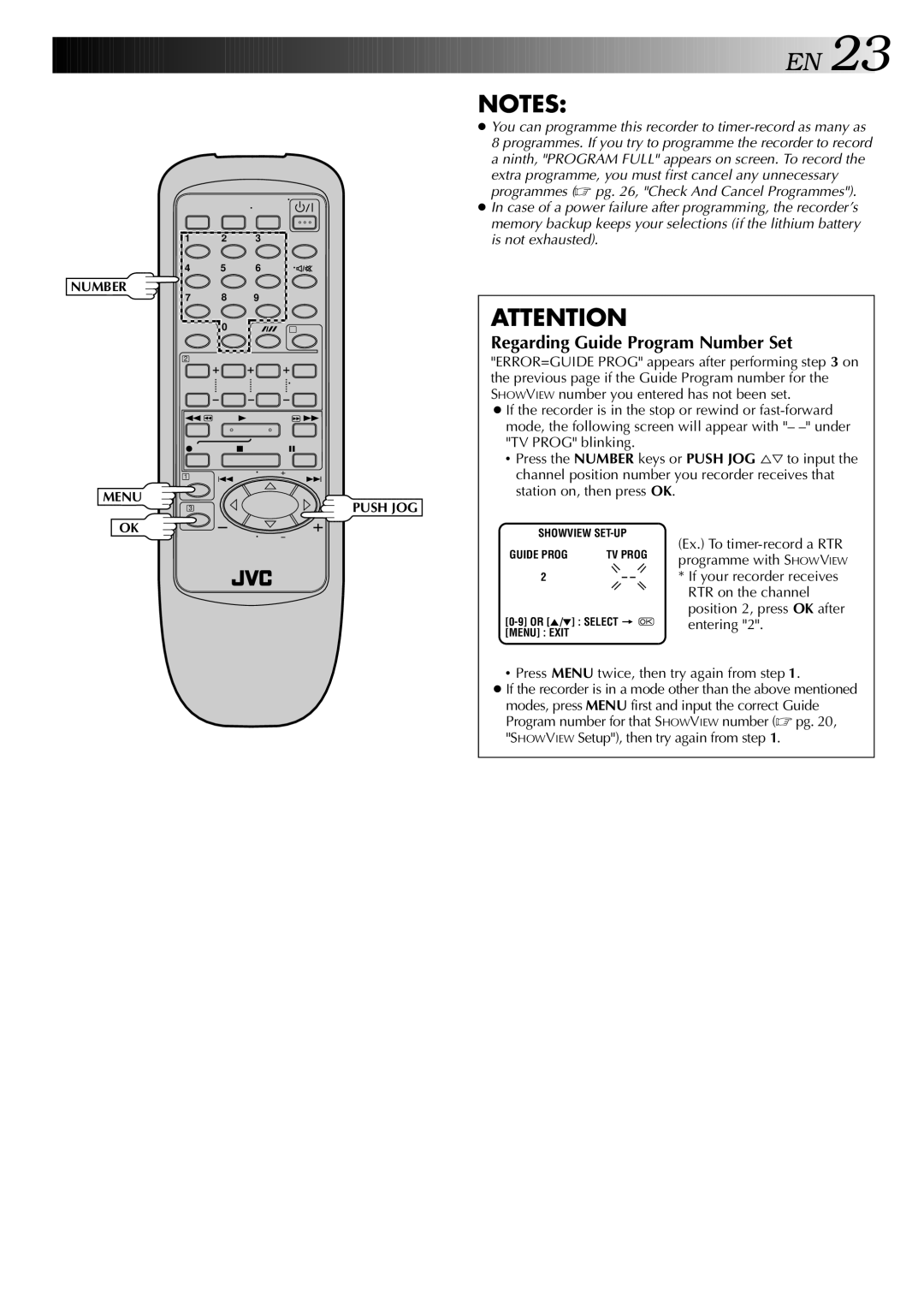 JVC HR-J748EE, HR-J749EE specifications Regarding Guide Program Number Set, Press Menu twice, then try again from step 