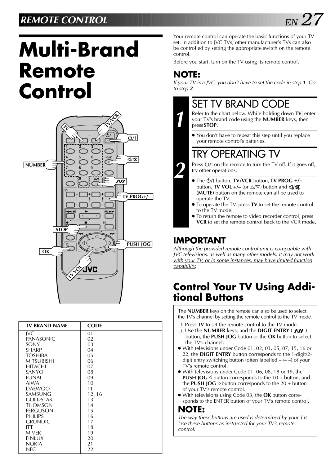 JVC HR-J748EE Multi-Brand Remote Control, SET TV Brand Code, TRY Operating TV, Control Your TV Using Addi- tional Buttons 