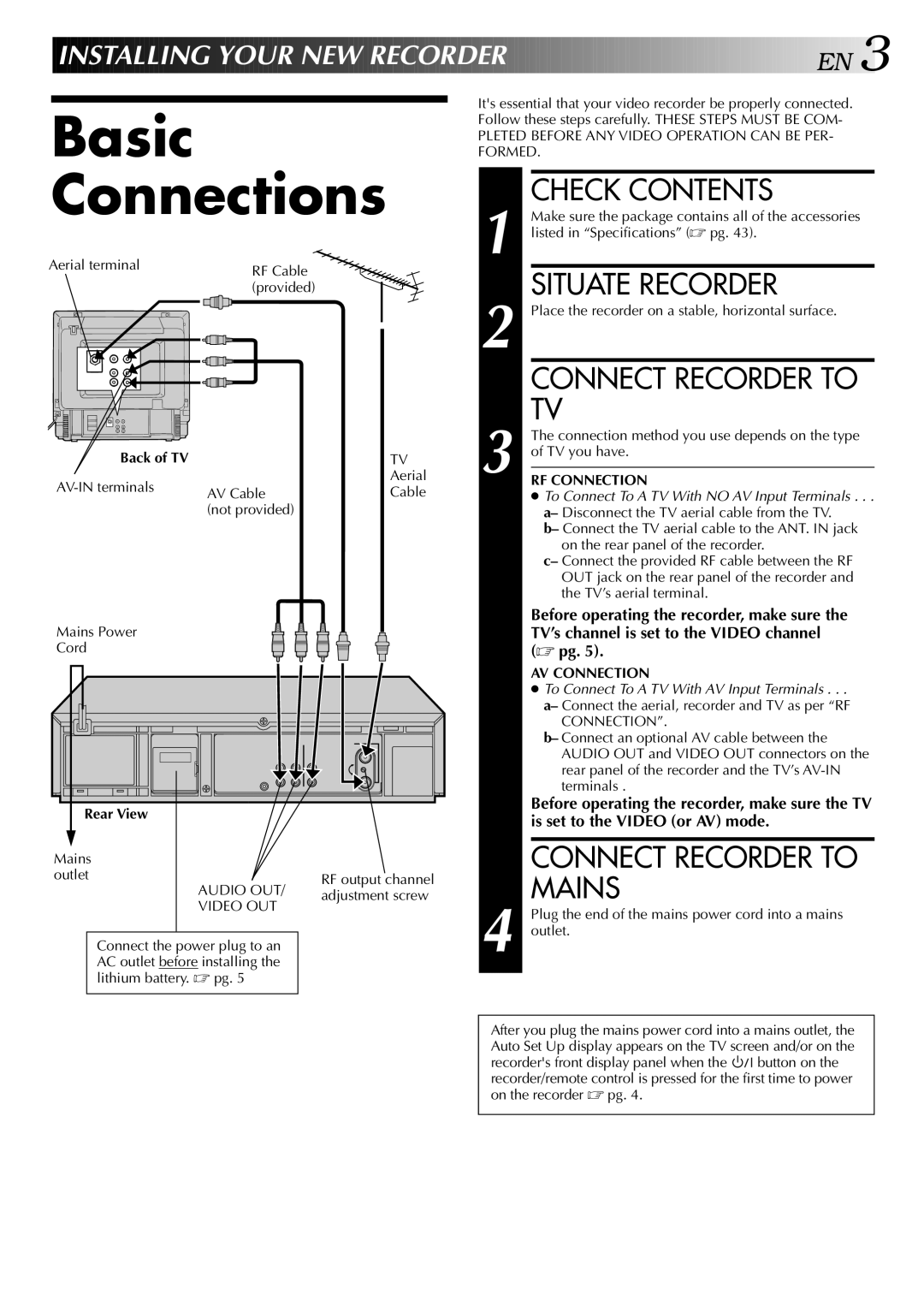 JVC HR-J748EE, HR-J749EE specifications Basic Connections, Check Contents, Situate Recorder, Connect Recorder to Mains 