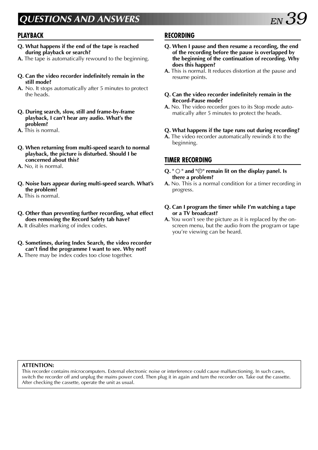 JVC HR-J748EE, HR-J749EE specifications Questions and Answer S E N, Playback Recording 