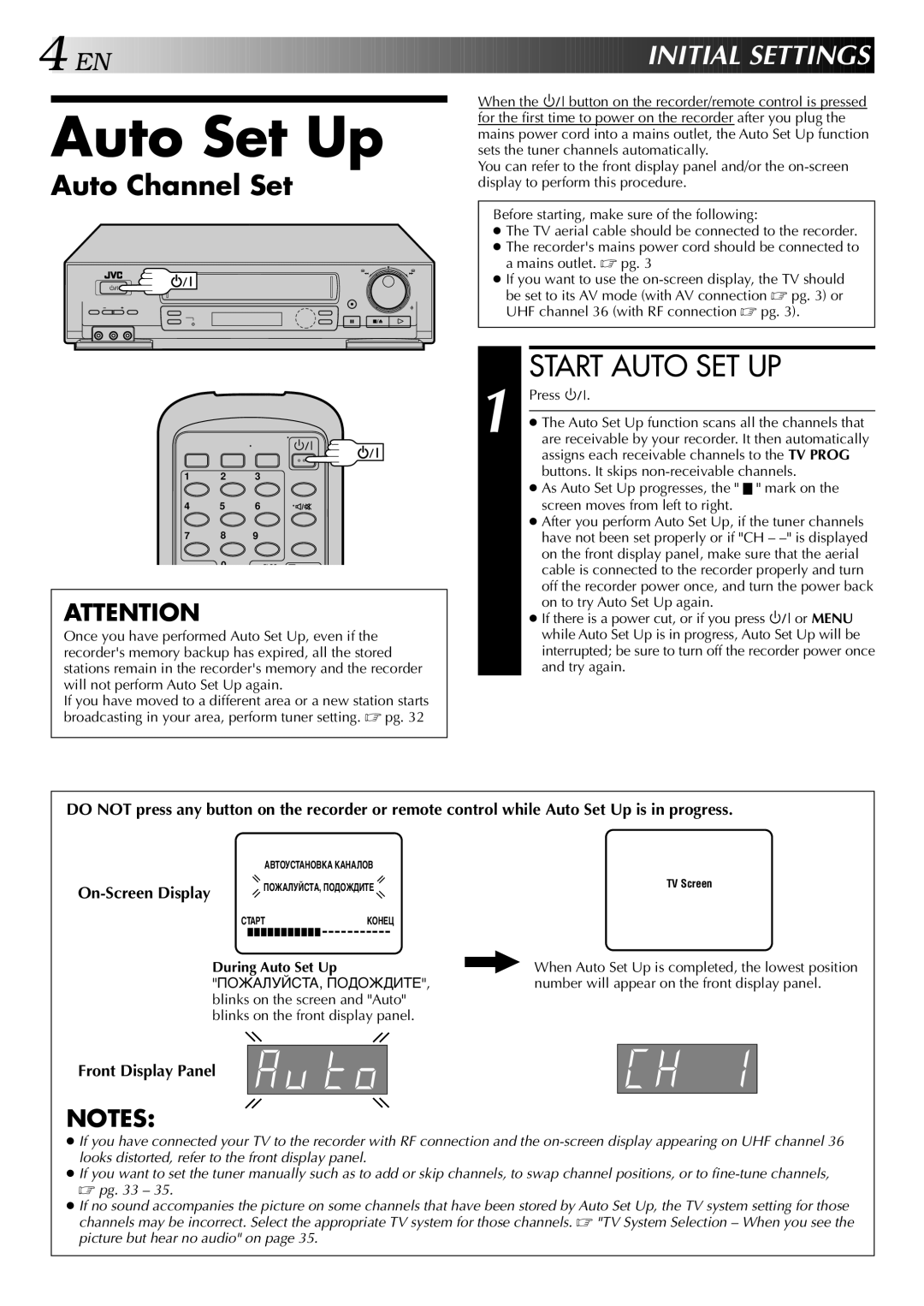 JVC HR-J749EE, HR-J748EE specifications Start Auto SET UP, Nitial Sett Ings, Auto Channel Set, During Auto Set Up 