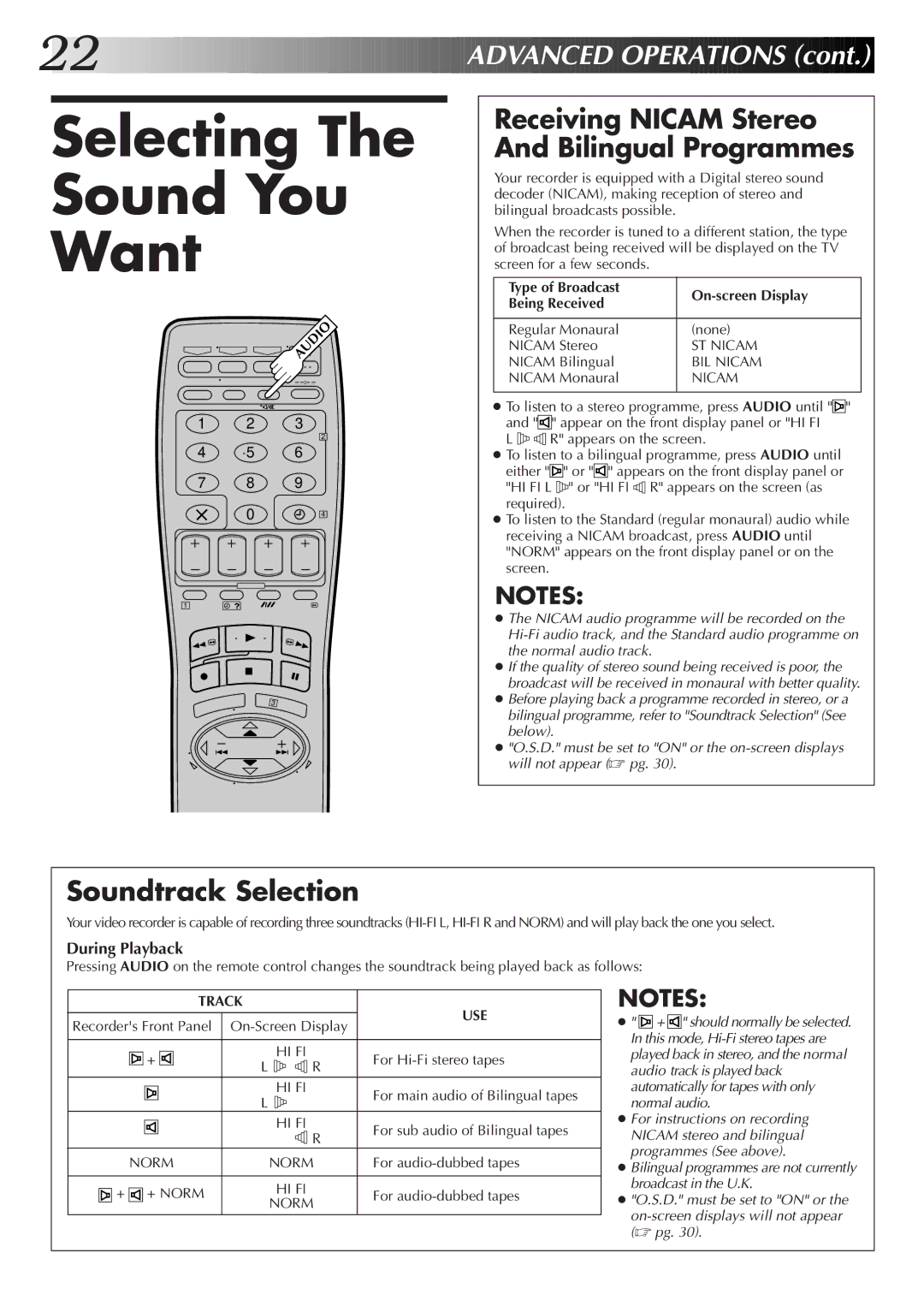 JVC HR-J755EK setup guide Selecting Sound You Want, Receiving Nicam Stereo And Bilingual Programmes, Soundtrack Selection 