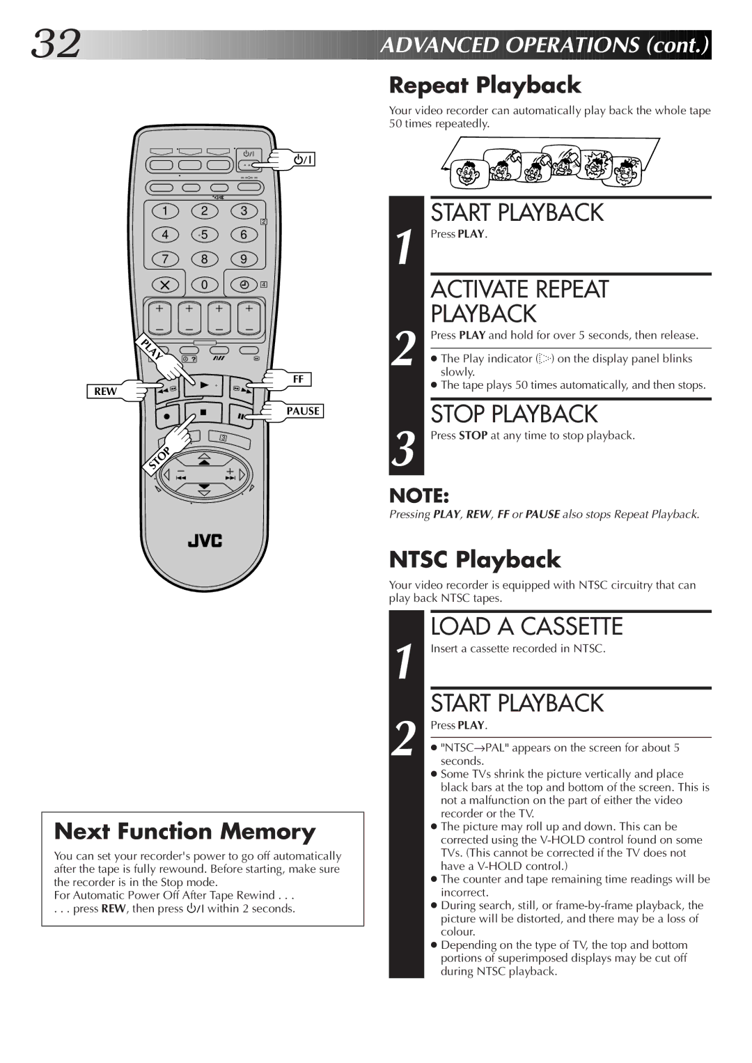 JVC HR-J755EK setup guide Activate Repeat, Repeat Playback, Next Function Memory, Ntsc Playback 