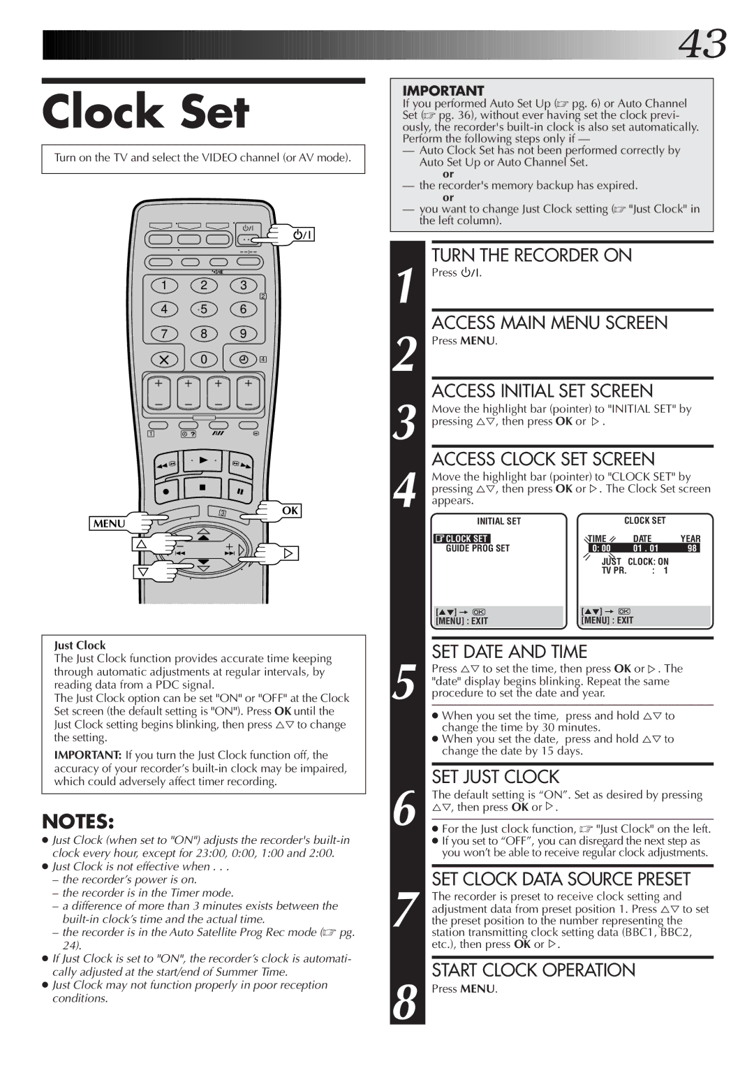 JVC HR-J755EK setup guide Clock Set, Just Clock 