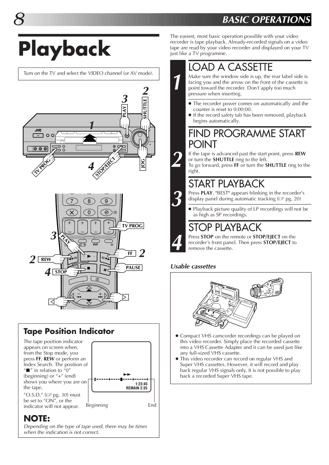 JVC HR-J755EK setup guide Load a Cassette, Point, Start Playback, Stop Playback 