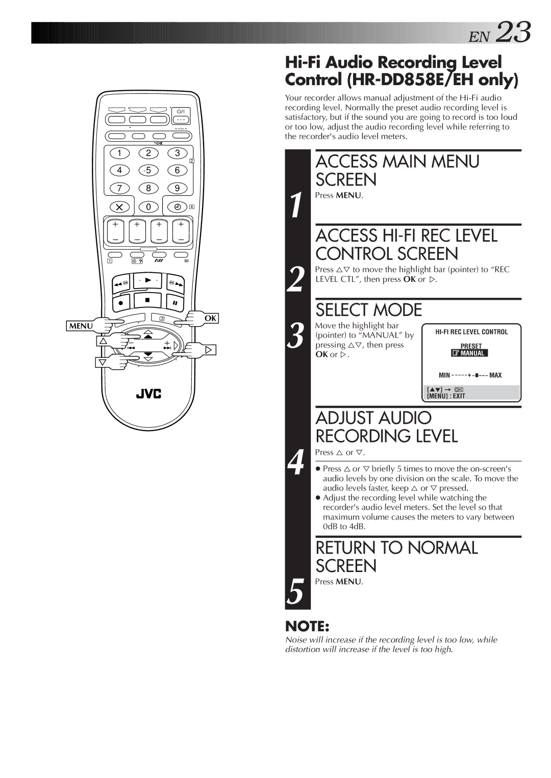 JVC HR-J758EH, HR-DD858EH specifications Adjust Audio, Hi-Fi Audio Recording Level Control HR-DD858E/EH only 