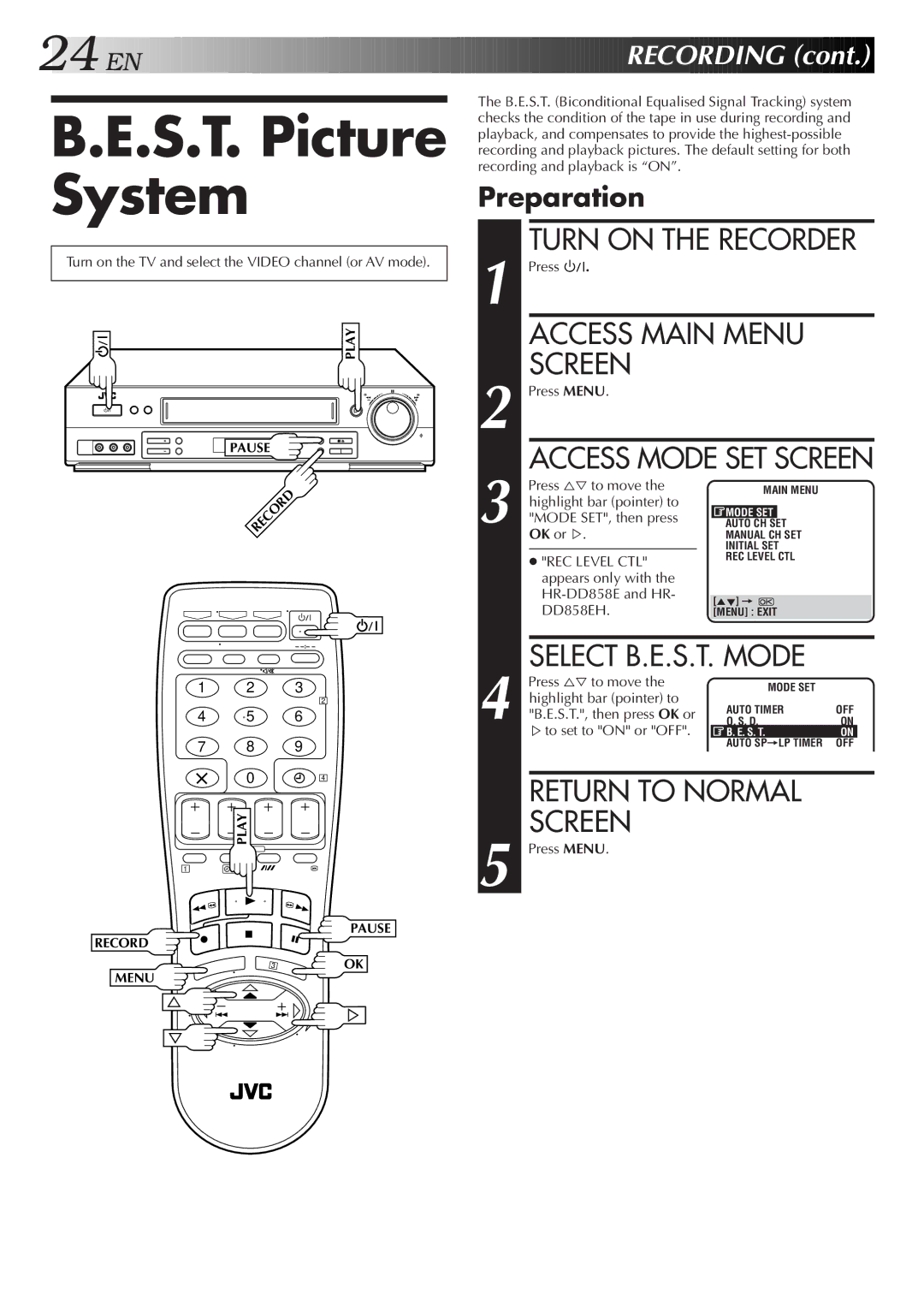 JVC HR-J758EH, HR-DD858EH specifications S.T. Picture System, Select B.E.S.T. Mode, Preparation 