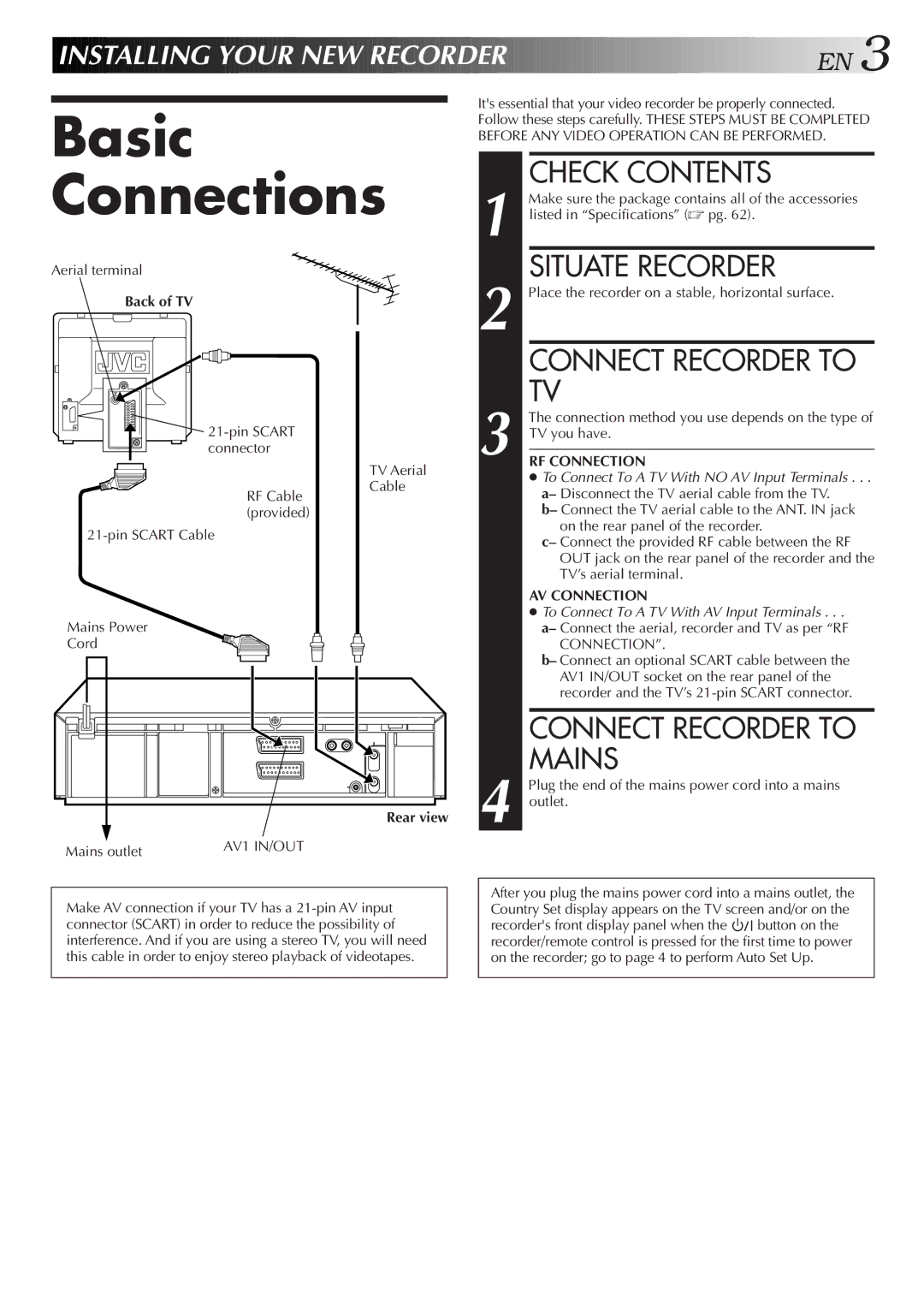 JVC HR-J758EH, HR-DD858EH specifications Basic Connections, Check Contents, Situate Recorder, Connect Recorder to Mains 