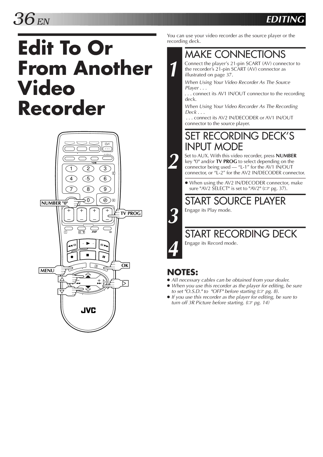 JVC HR-J758EH, HR-DD858EH Edit To Or From Another Video Recorder, Make Connections, SET Recording DECK’S Input Mode 