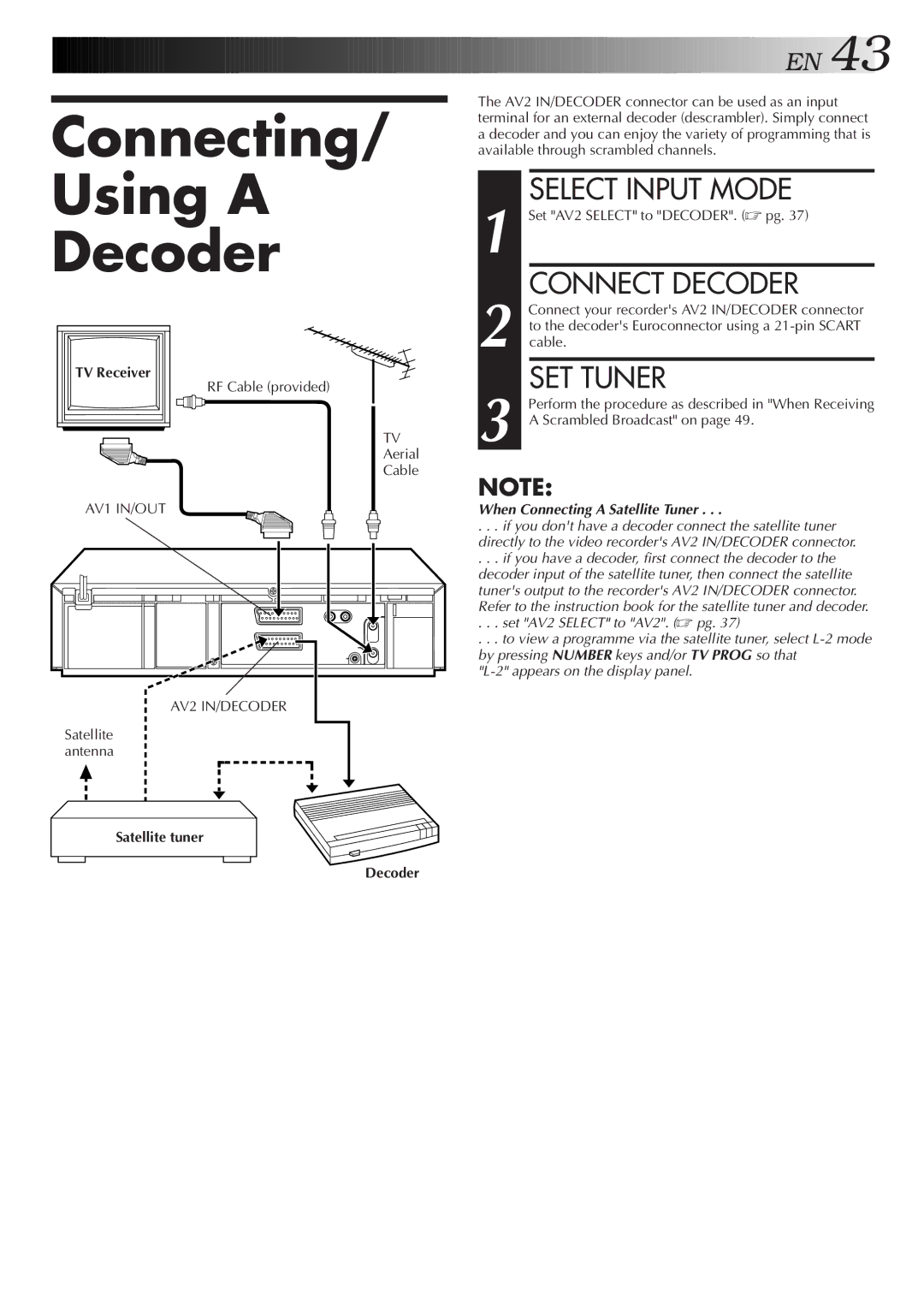 JVC HR-DD858E, HR-J758E Connecting Using a Decoder, Select Input Mode, Connect Decoder, SET Tuner, Satellite tuner Decoder 