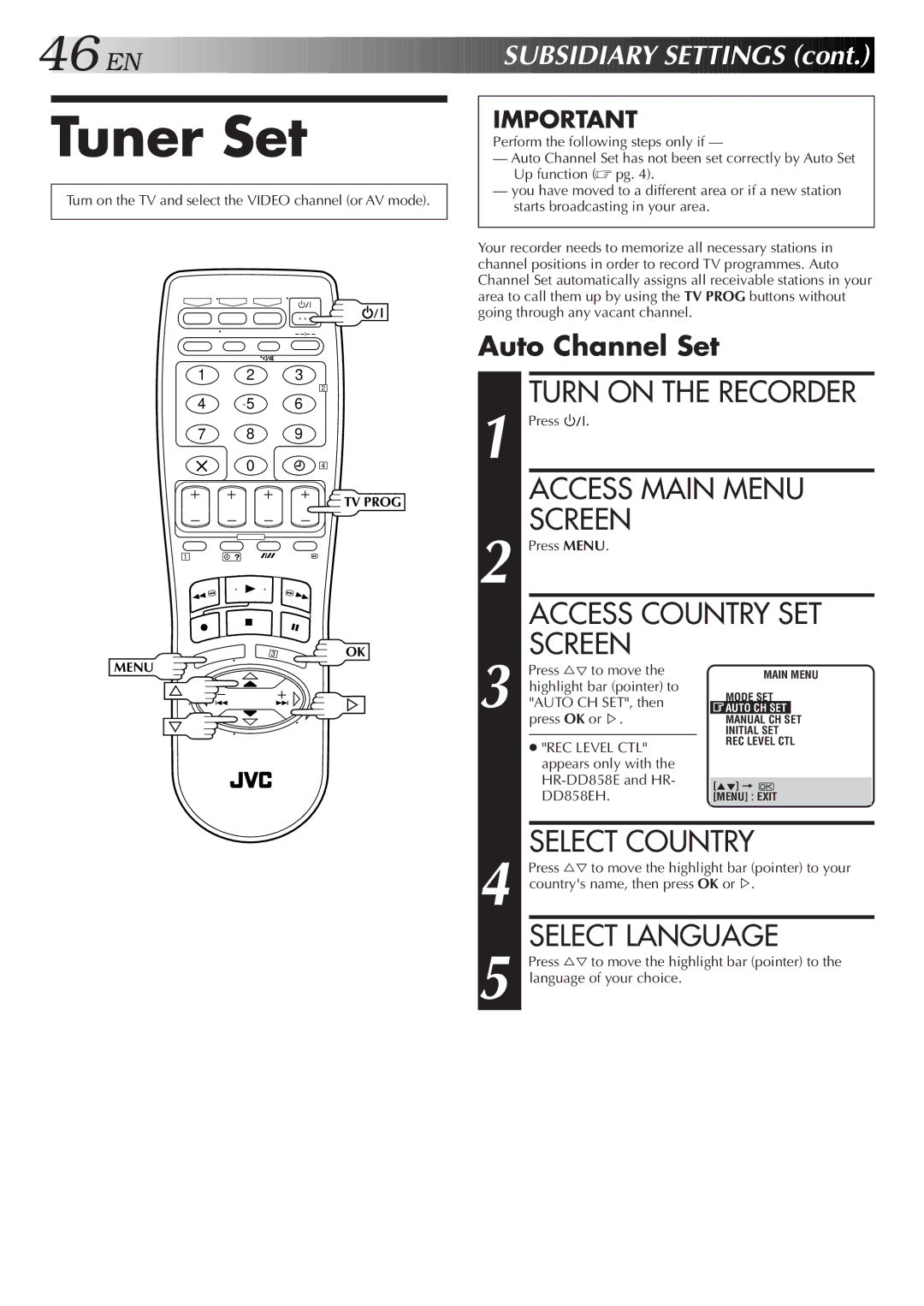 JVC HR-DD858EH, HR-J758EH specifications Tuner Set, Auto Channel Set 