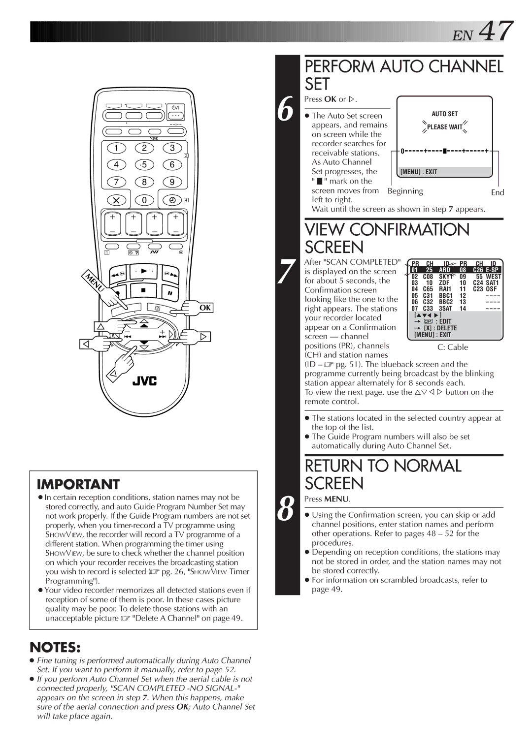 JVC HR-J758EH, HR-DD858EH specifications Perform Auto Channel SET, View Confirmation Screen 