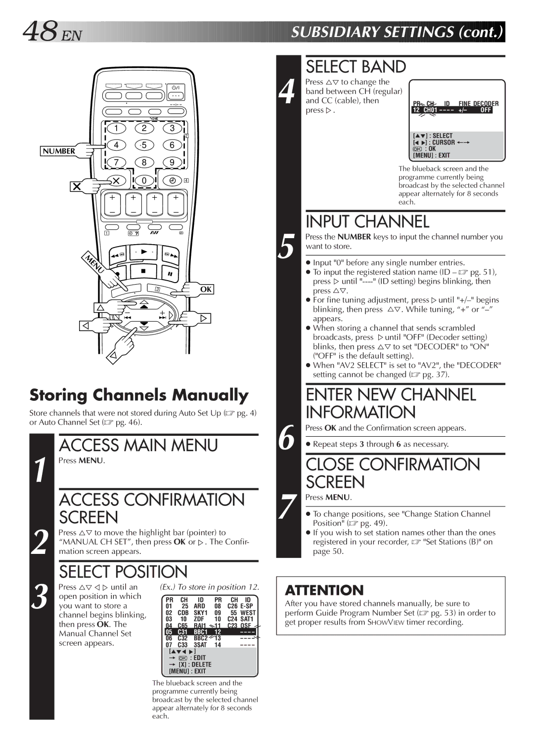 JVC HR-J758EH, HR-DD858EH specifications Enter NEW Channel Information, Storing Channels Manually 