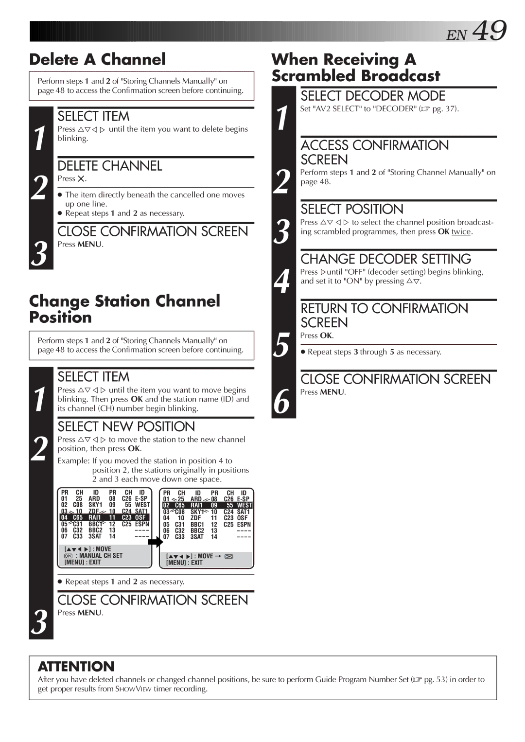 JVC HR-J758EH, HR-DD858EH Delete a Channel, Change Station Channel Position, When Receiving a Scrambled Broadcast 