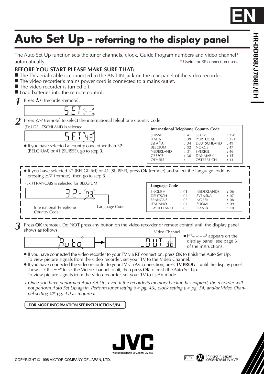 JVC HR-J758EH, HR-DD858EH specifications Ex. Francais is selected for Belgium, International Telephone Language Code 