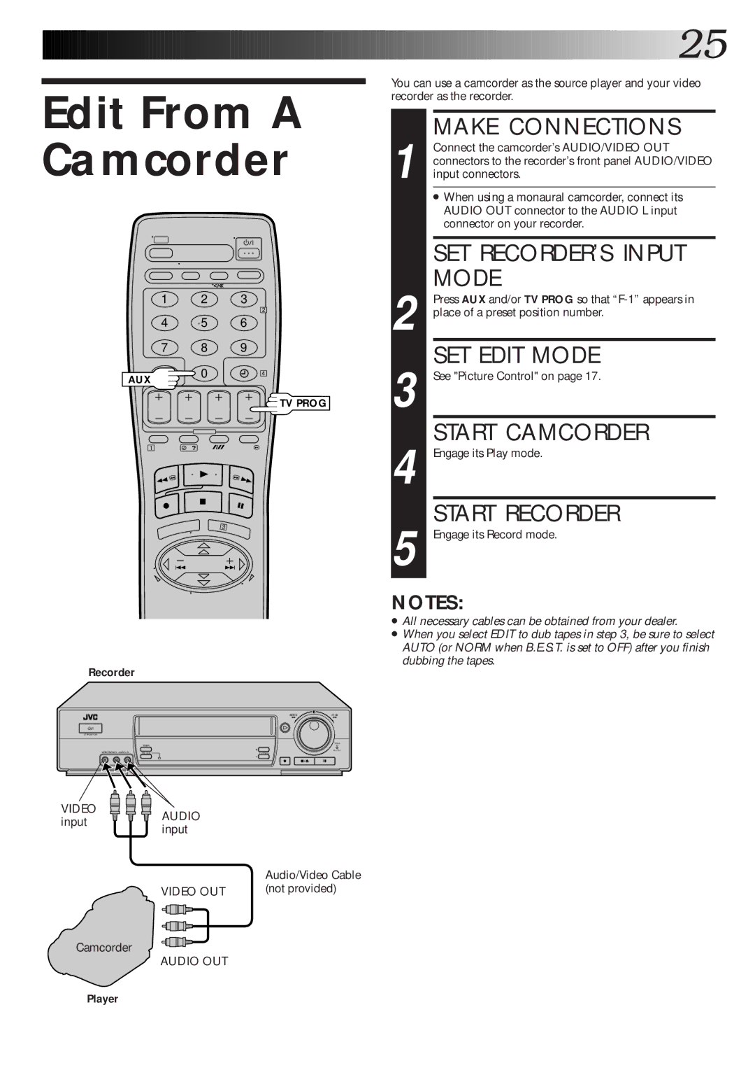 JVC HR-J765EK setup guide Edit From a Camcorder, SET RECORDER’S Input Mode, Start Camcorder, Start Recorder 