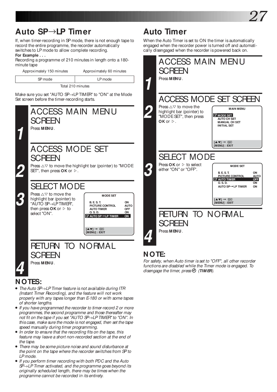 JVC HR-J765EK setup guide Select Mode, Auto SP→LP Timer, Auto Timer 