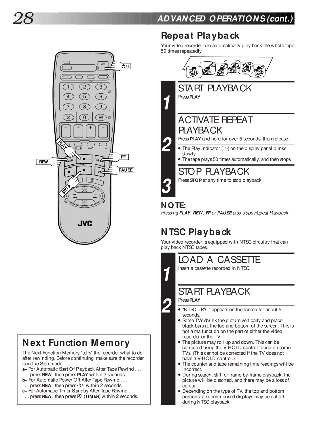 JVC HR-J765EK setup guide Activate Repeat, Repeat Playback, Ntsc Playback, Next Function Memory 