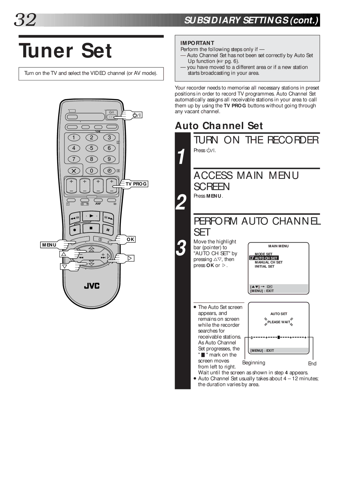 JVC HR-J765EK setup guide Tuner Set, Auto Channel Set 