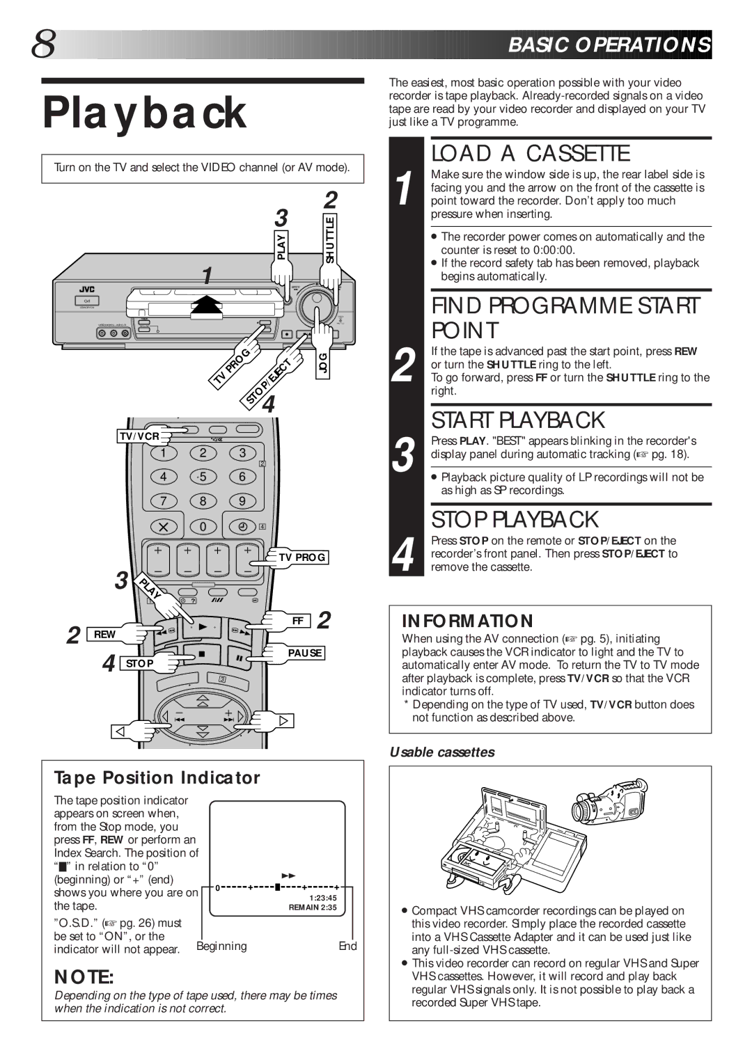 JVC HR-J765EK setup guide Load a Cassette, Point, Start Playback, Stop Playback 