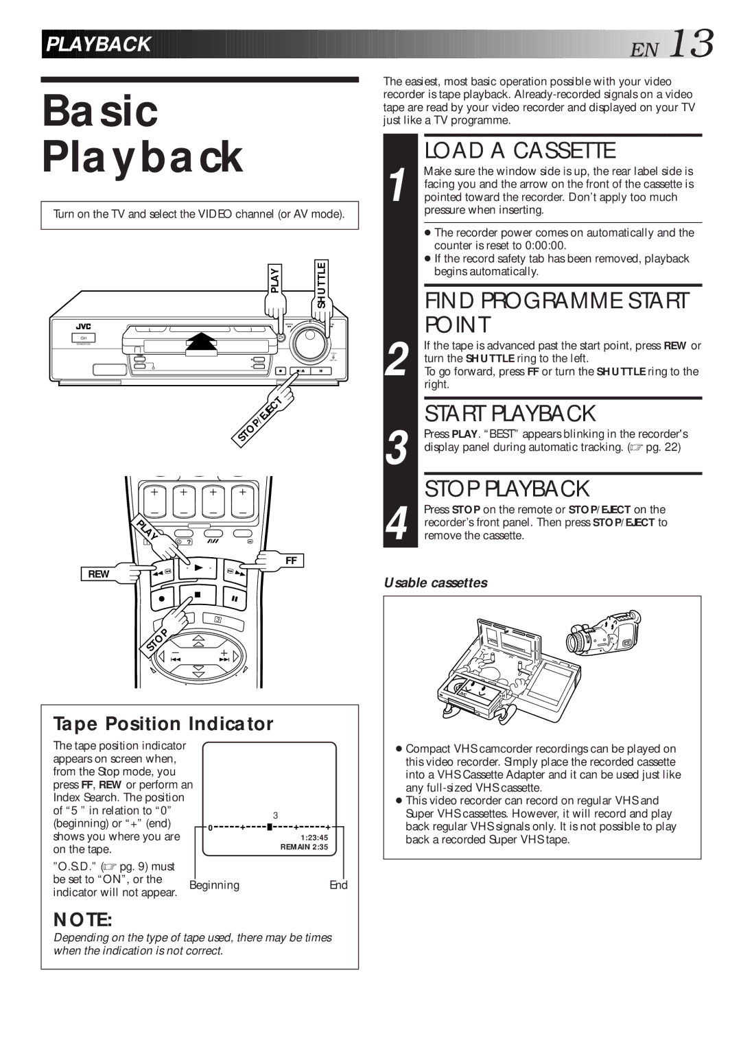 JVC HR-J768EU specifications Basic Playback, Load a Cassette, Point, Start Playback, Stop Playback 