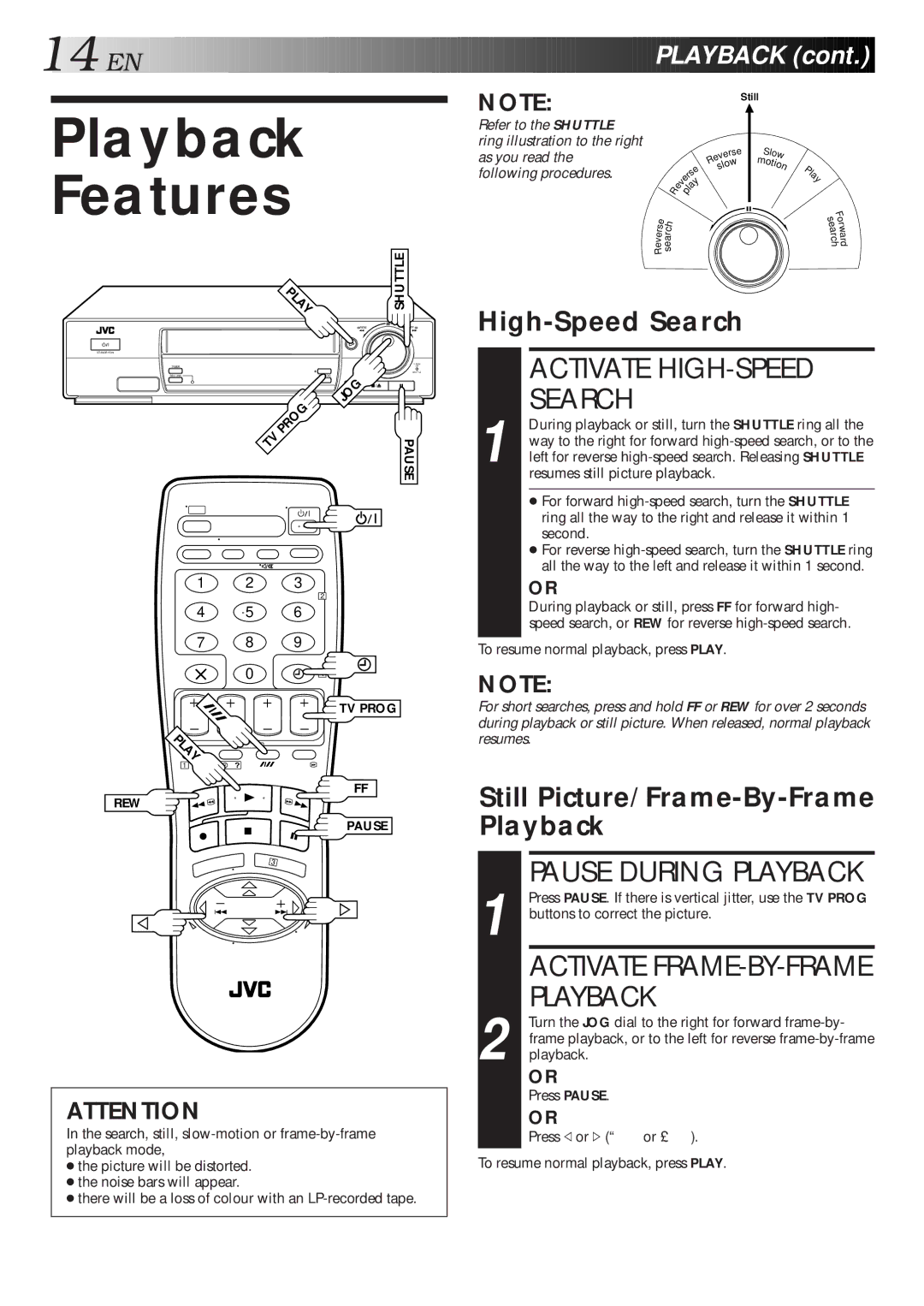 JVC HR-J768EU specifications Playback Features, Activate HIGH-SPEED Search, Pause During Playback, High-Speed Search 