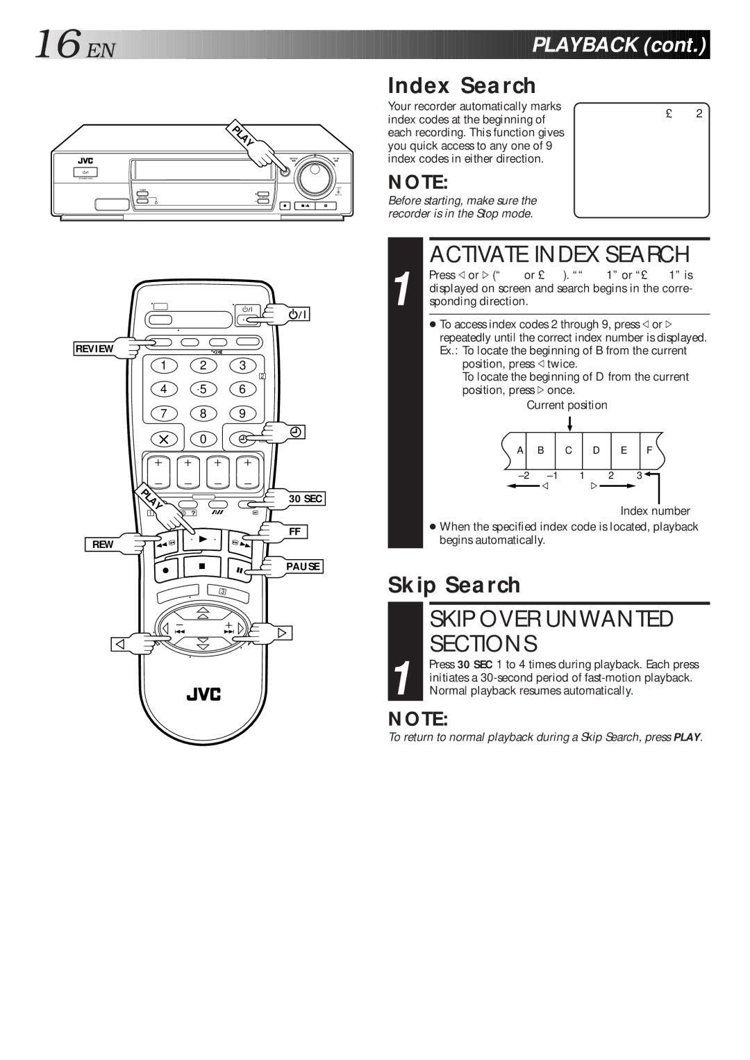 JVC HR-J768EU specifications Activate Index Search, Skip Over Unwanted, Sections, Skip Search 