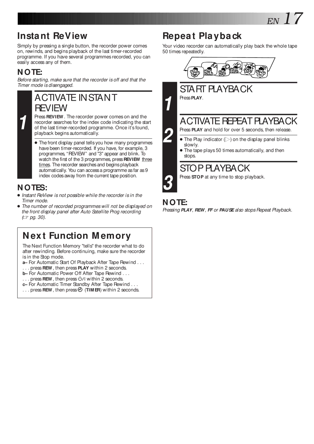 JVC HR-J768EU specifications Activate Instant Review, Instant ReView, Next Function Memory, Repeat Playback 