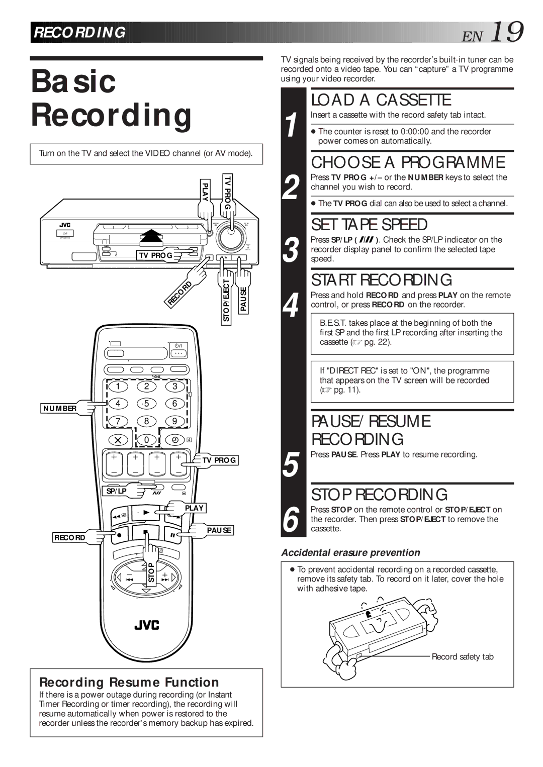 JVC HR-J768EU specifications Basic Recording 