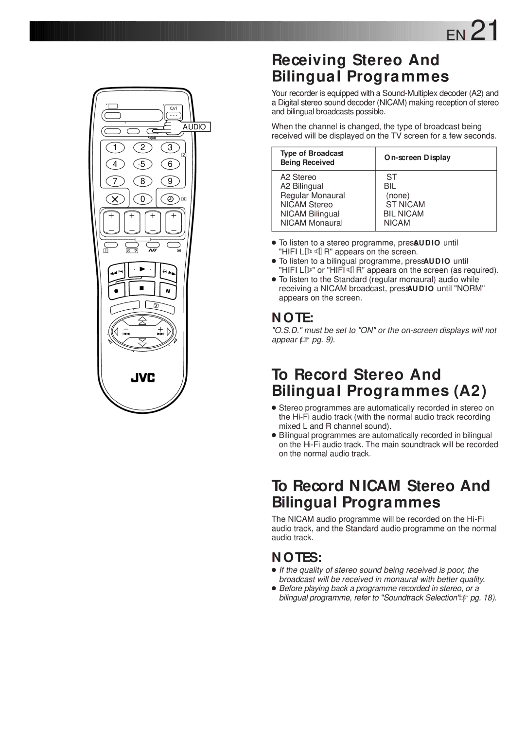 JVC HR-J768EU specifications Receiving Stereo, To Record Stereo And Bilingual Programmes A2 