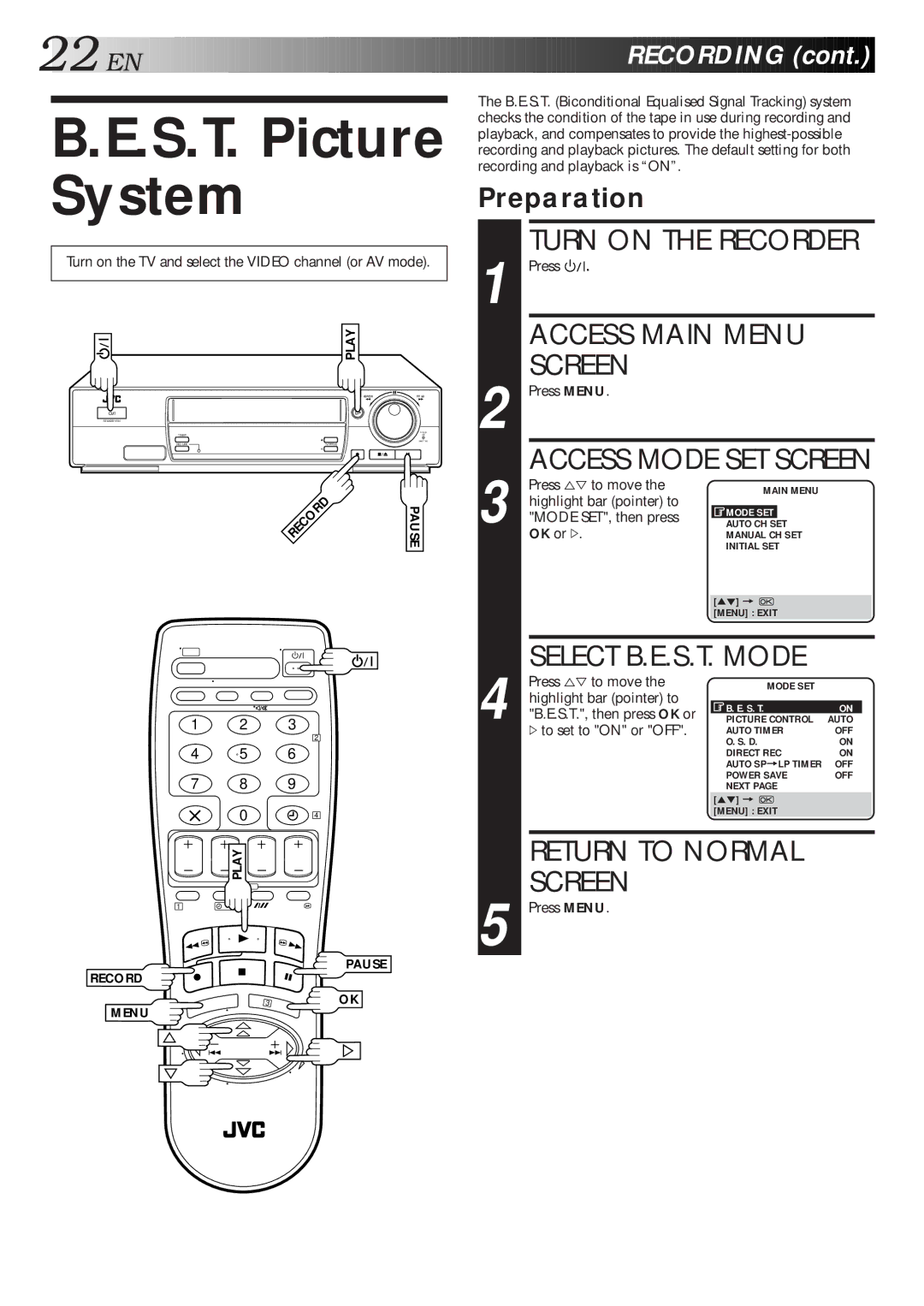 JVC HR-J768EU specifications S.T. Picture System, Select B.E.S.T. Mode, EN Recording, Preparation, # to set to on or OFF 