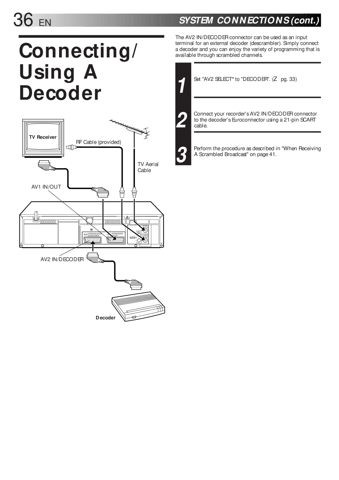 JVC HR-J768EU specifications Connecting Using a Decoder, Select Input Mode, Connect Decoder, SET Tuner 