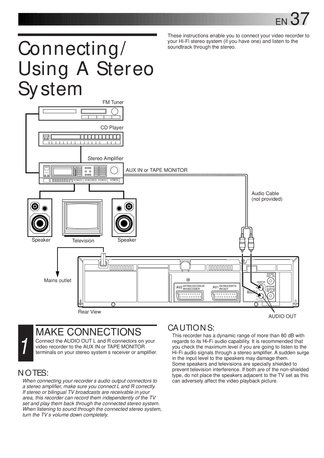 JVC HR-J768EU specifications Connecting Using a Stereo System, Speaker Television Mains outlet 