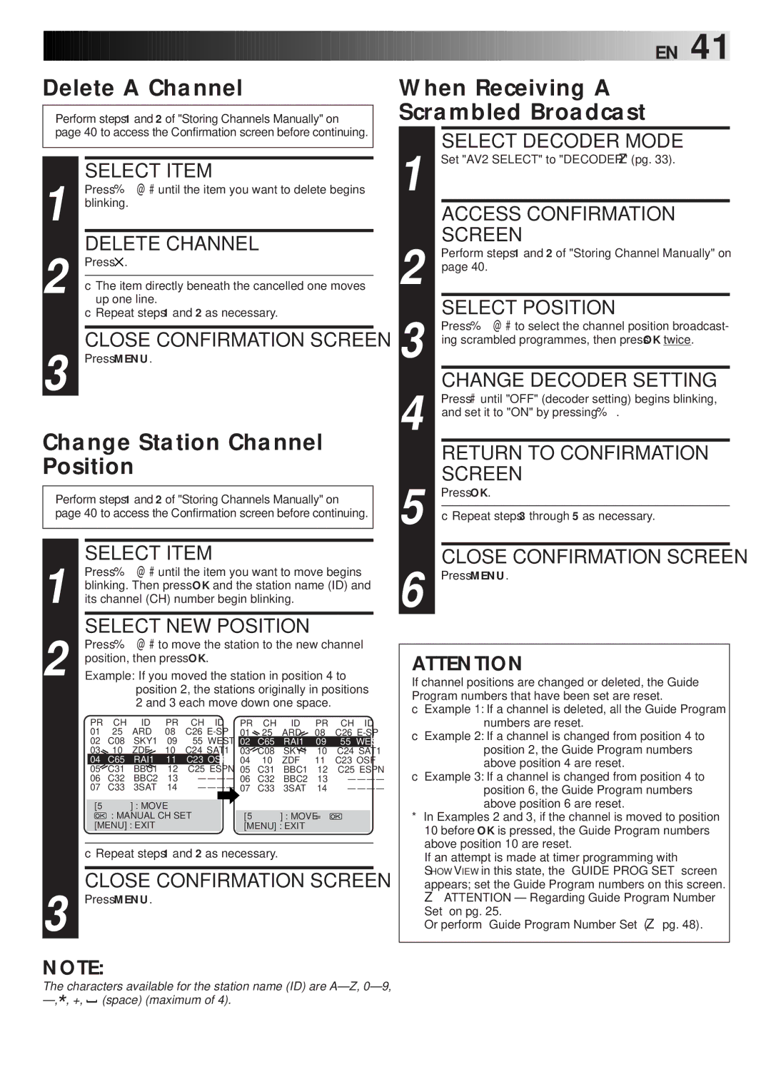 JVC HR-J768EU specifications Delete a Channel, Change Station Channel Position, When Receiving a Scrambled Broadcast 