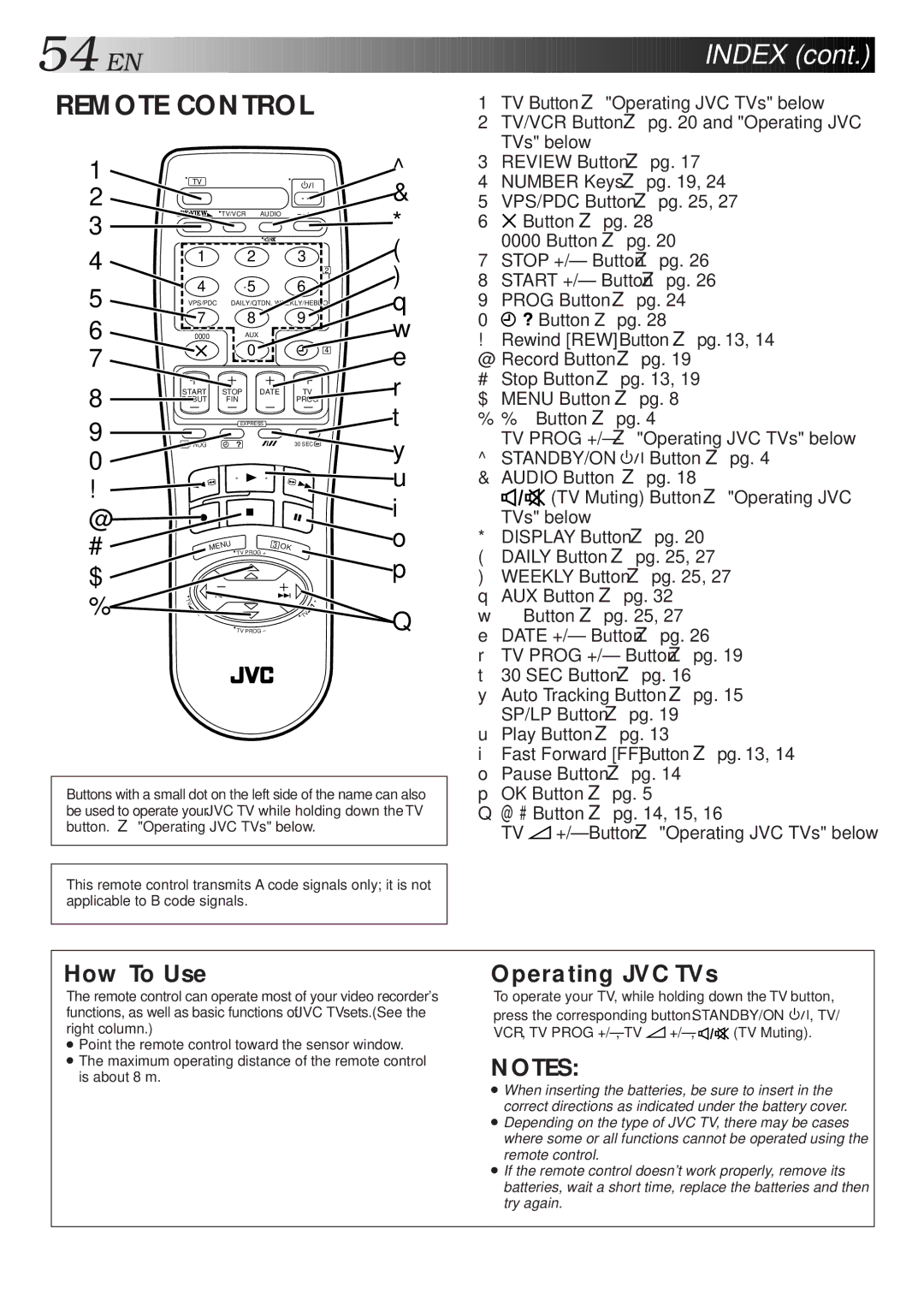 JVC HR-J768EU specifications Button. Operating JVC TVs below, VCR, TV Prog +/-,TV +/-, TV Muting 